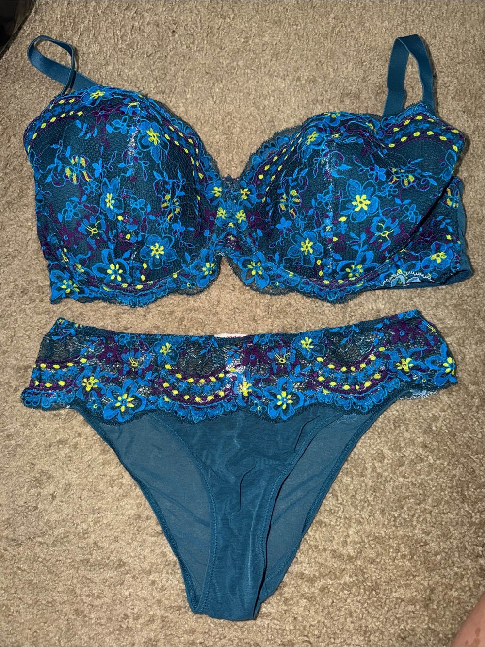 Adore Me Teal Blue Floral Lace Bra & Bikini Set